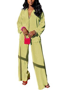 🆕Women's Yellow Green Casual 2 Piece Outfit Linen Long Sleeve Button Down Shirt